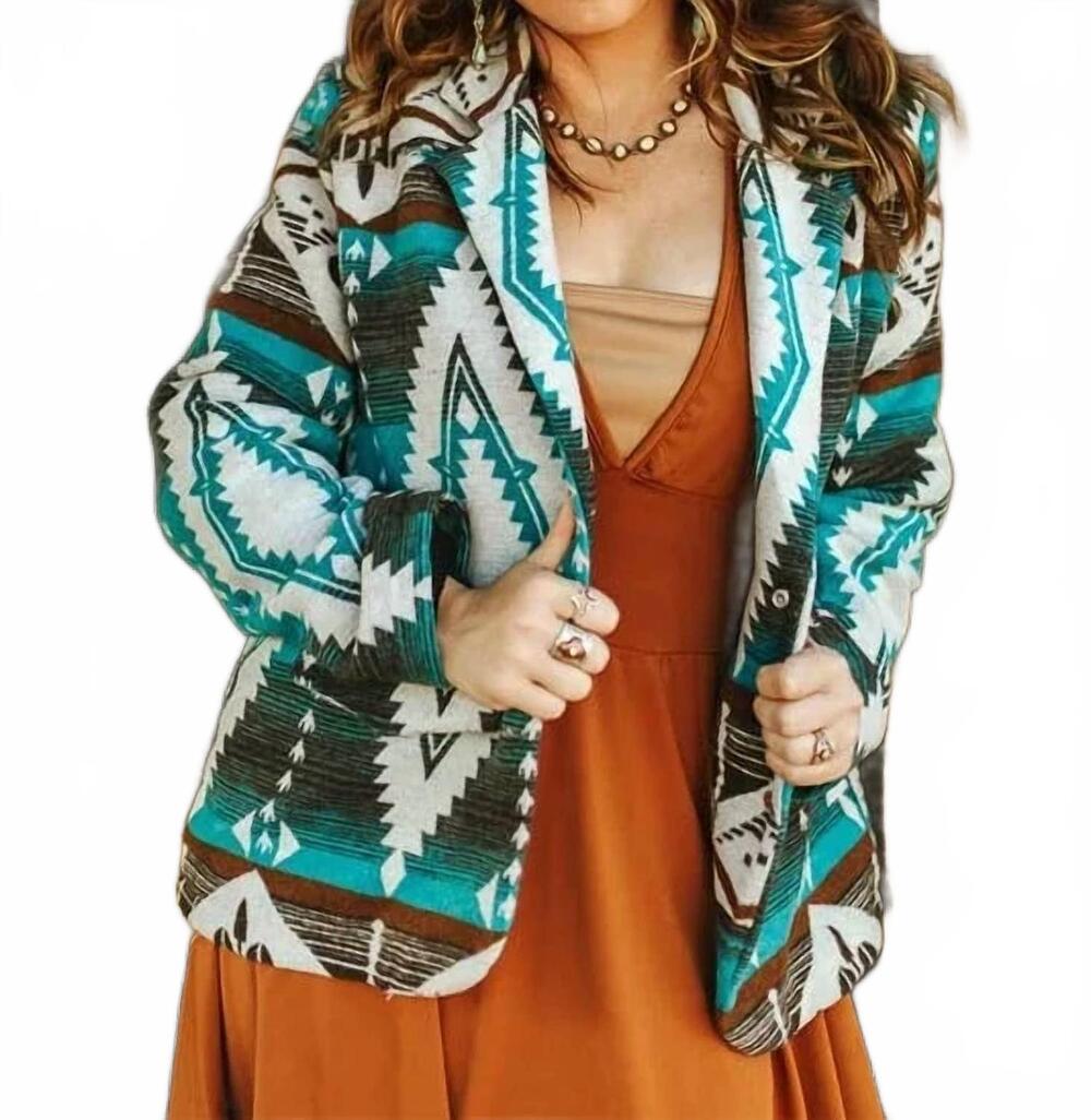NEW LUCKY & BLESSED aztec blazer in turquoise